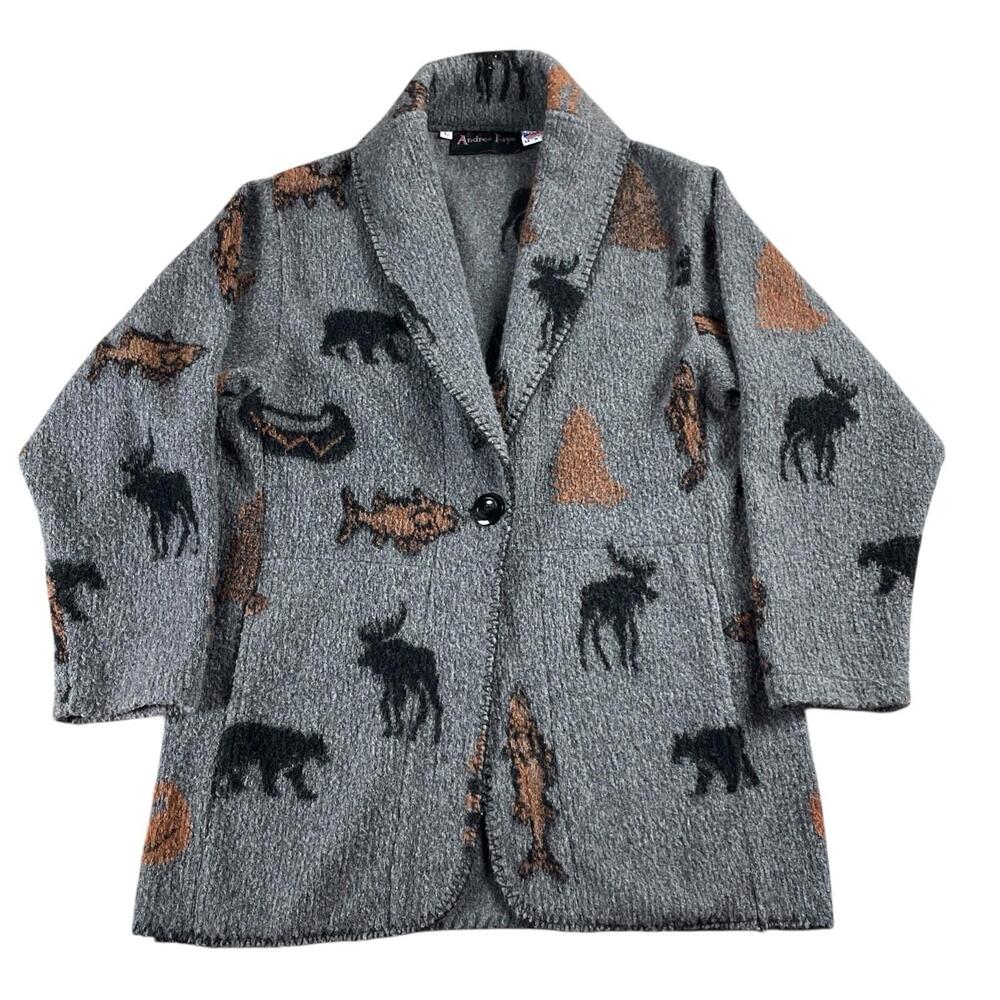 USA VTG Andrea Faye Wool Blend Thick Cardigan Sweater Jacket W’s L Trout Moose